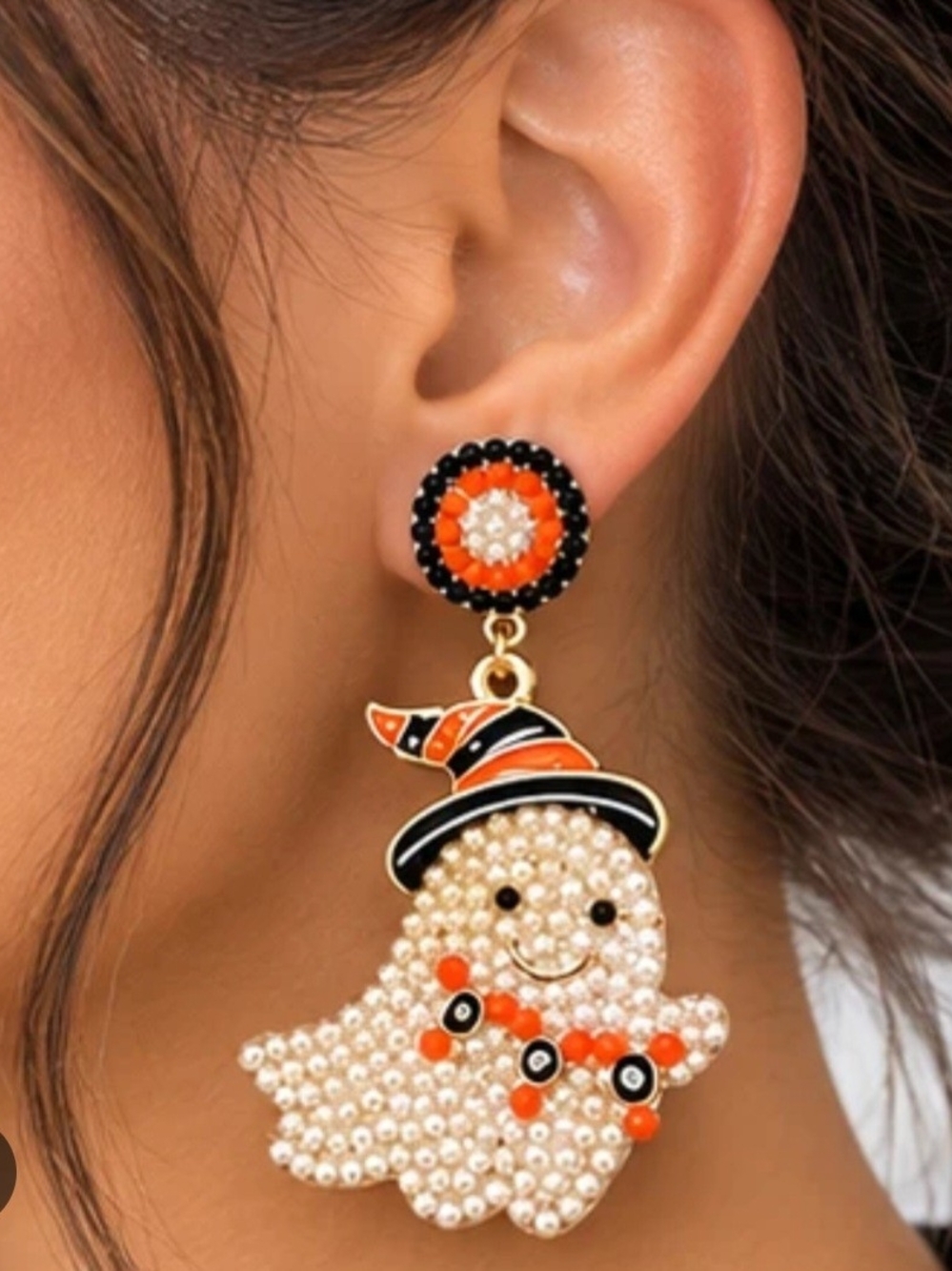 Halloween Pearl Ghost Drop Earrings in Orange and Black New